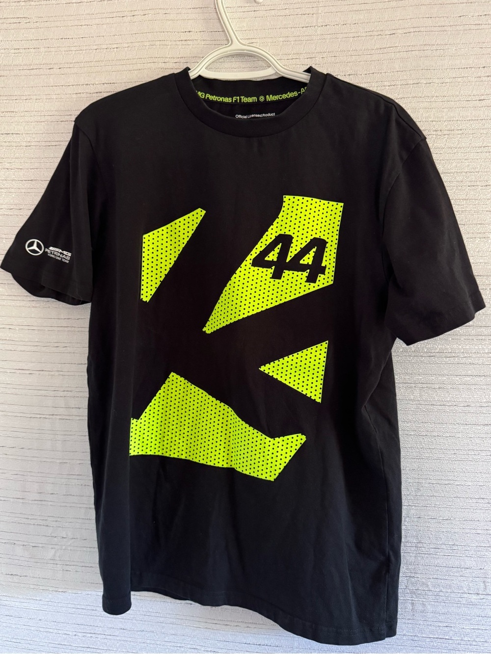 Mercedes AMG Petronas Lewis Hamilton Black Tee with Neon Yellow 44 Graphic